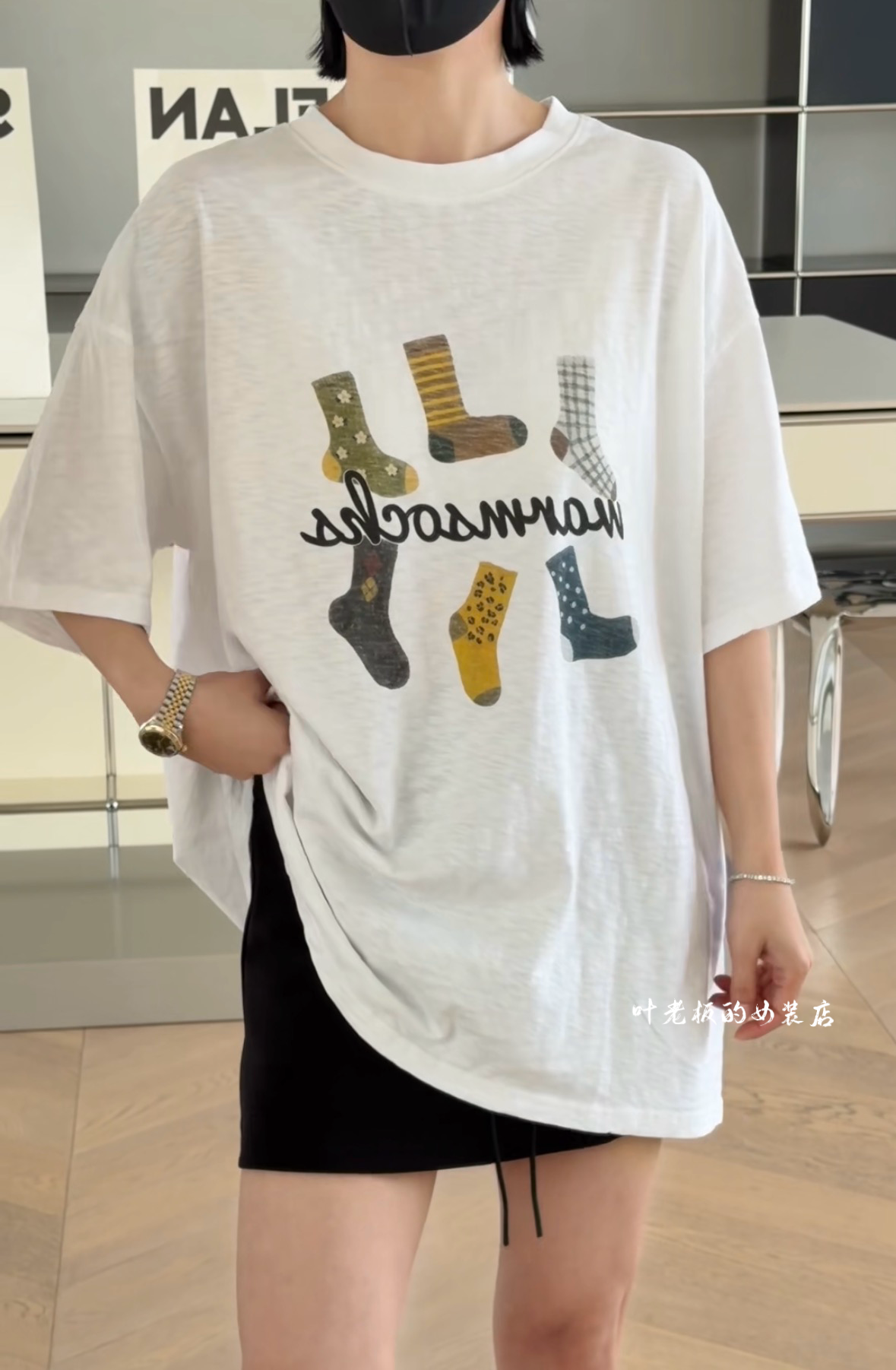 T6953卡通短袖 2026夏款诗歌兰女装简约白色圆领竹节棉袜子T恤女