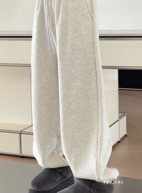现货58331诗歌兰女装2025冬款 百搭米灰色休闲裤收口加绒卫裤女