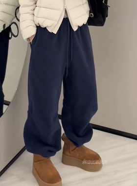 58534诗歌兰25冬新款女装百搭藏青蓝收口加绒休闲裤摇粒绒卫裤女