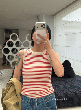 Z7112条纹背心 诗歌兰欧货女装2026夏款 气质红色弹力圆领背心女