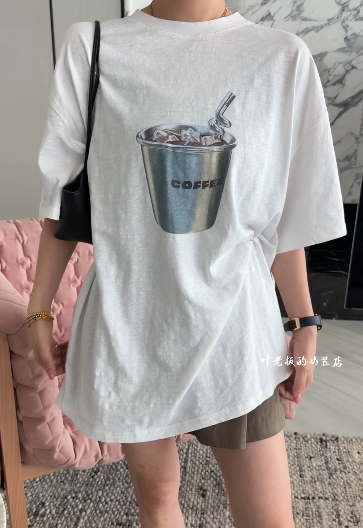 T16863咖啡短袖 诗歌兰欧货2026夏款休闲白色中长款宽松大版T恤女