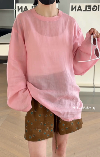 C58728苎麻衬衫 2026夏款诗歌兰欧货气质粉色中长款宽松衬衣女