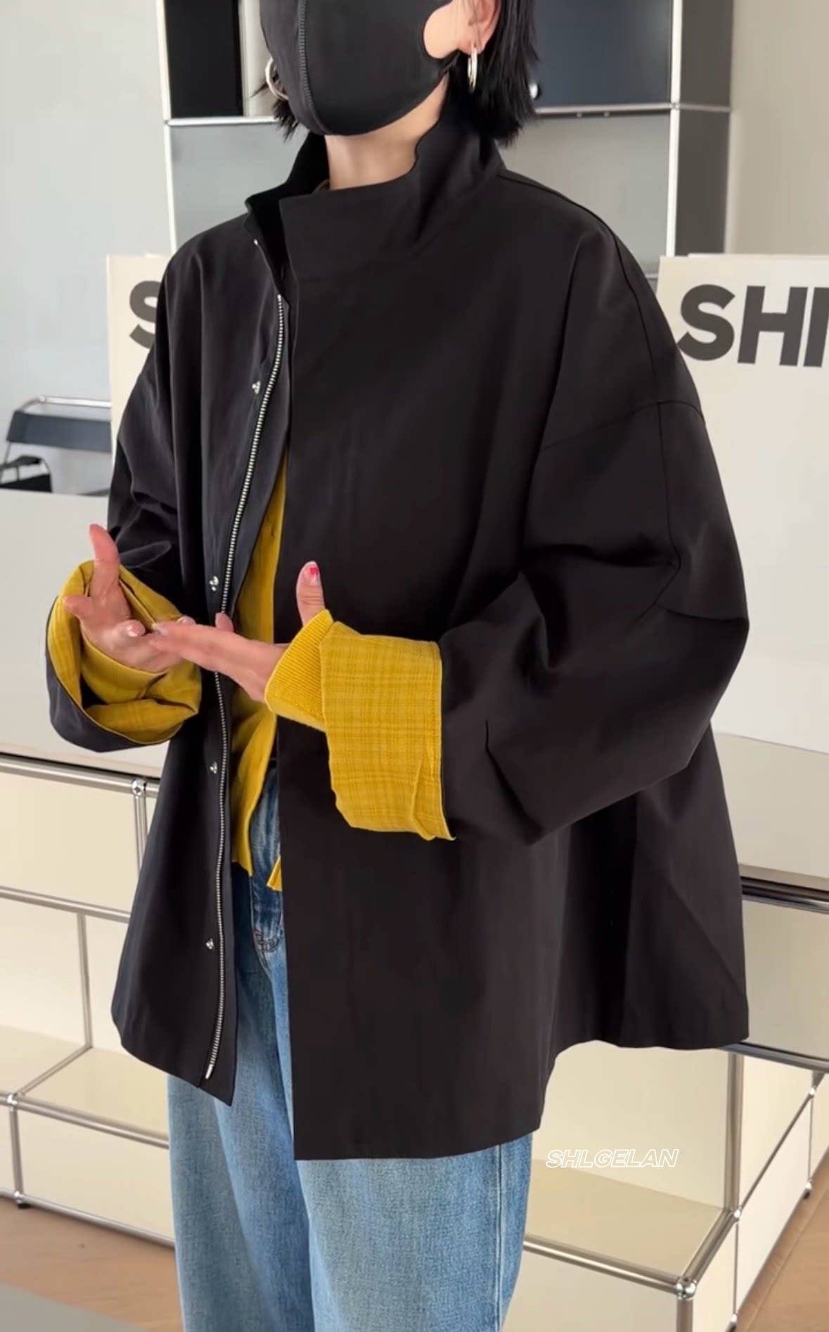 P266020拼色外套 诗歌兰欧货女装2026春款休闲黑色翻边袖风衣外套