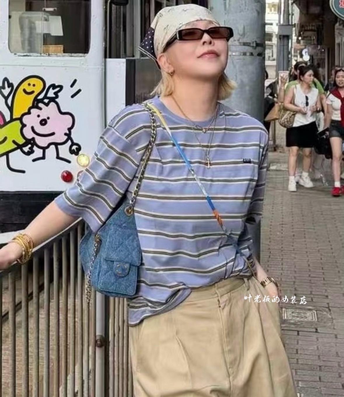 C58755口袋短袖 诗歌兰女装26早春款 气质蓝色拼色条纹休闲短袖女