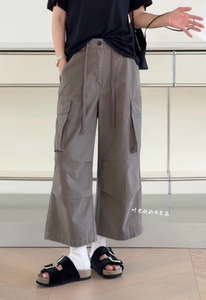现货T17132抽绳休闲裤 诗歌兰26夏女装气质米灰色口袋九分工装裤