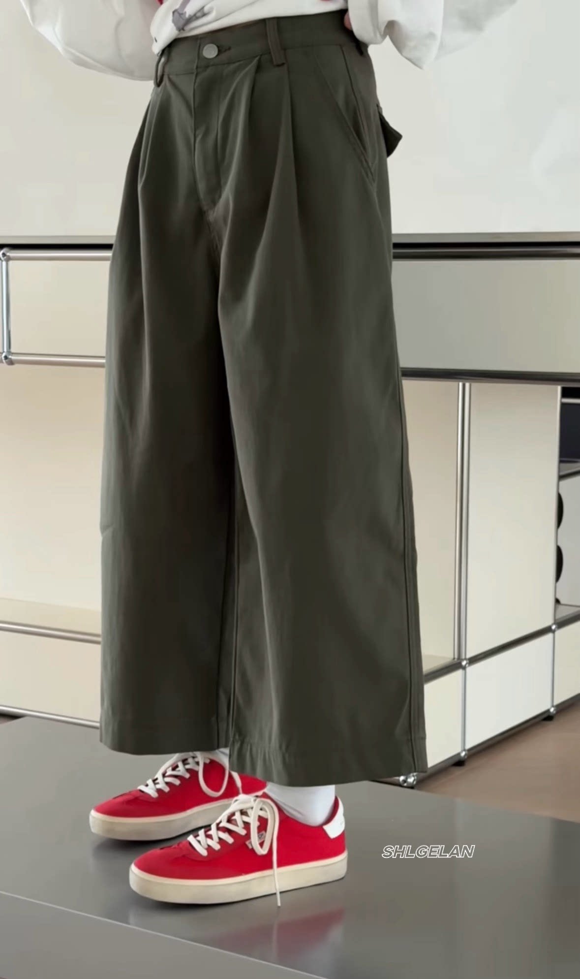 C26922九分裤 诗歌兰女装2026春款百搭军绿色高腰直筒裤休闲裤女