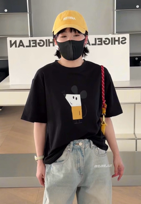 T9141圆领老鼠短袖诗歌兰欧货女装2026春款气质黑色卡通印花T恤女