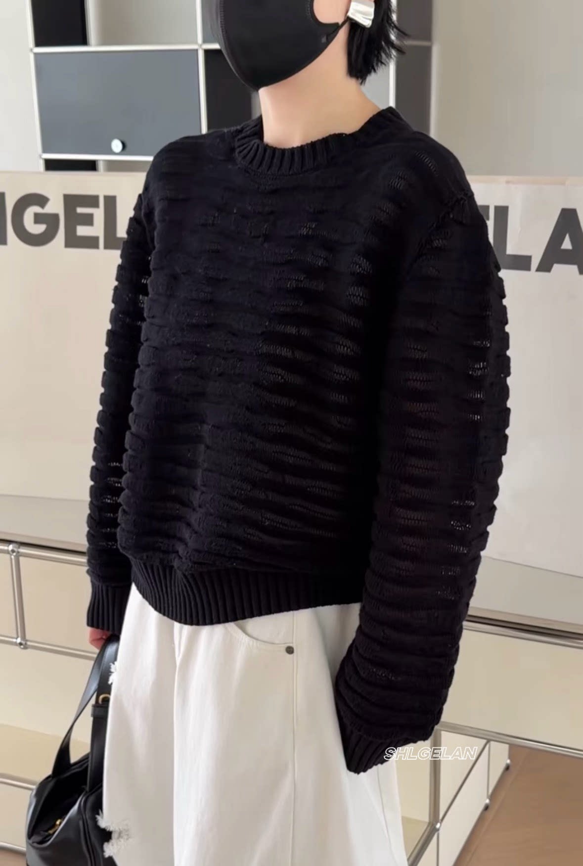 C25125圆领毛衣 诗歌兰女装2026春款百搭显瘦黑色镂空条纹针织衫