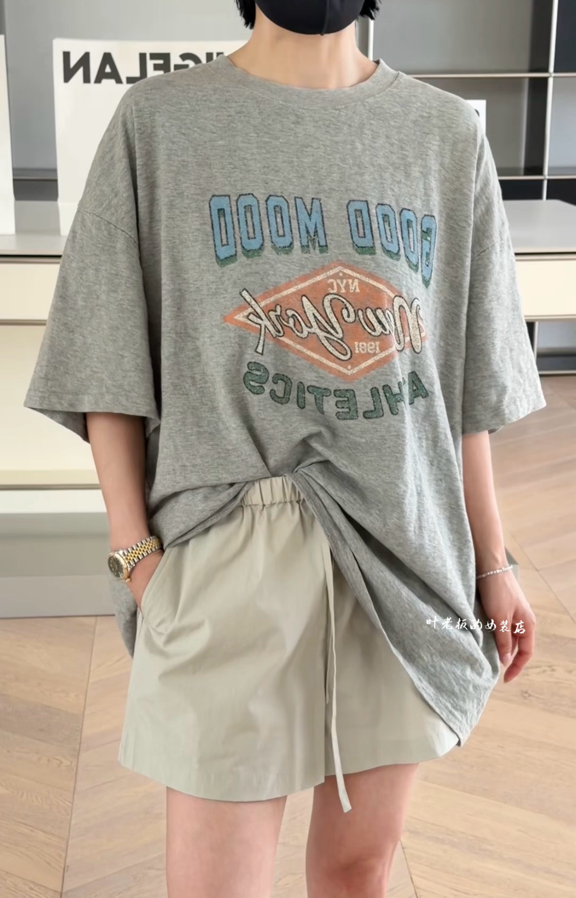 T3068印花短袖 诗歌兰女装2026夏款百搭休闲灰色字母大版型T恤女
