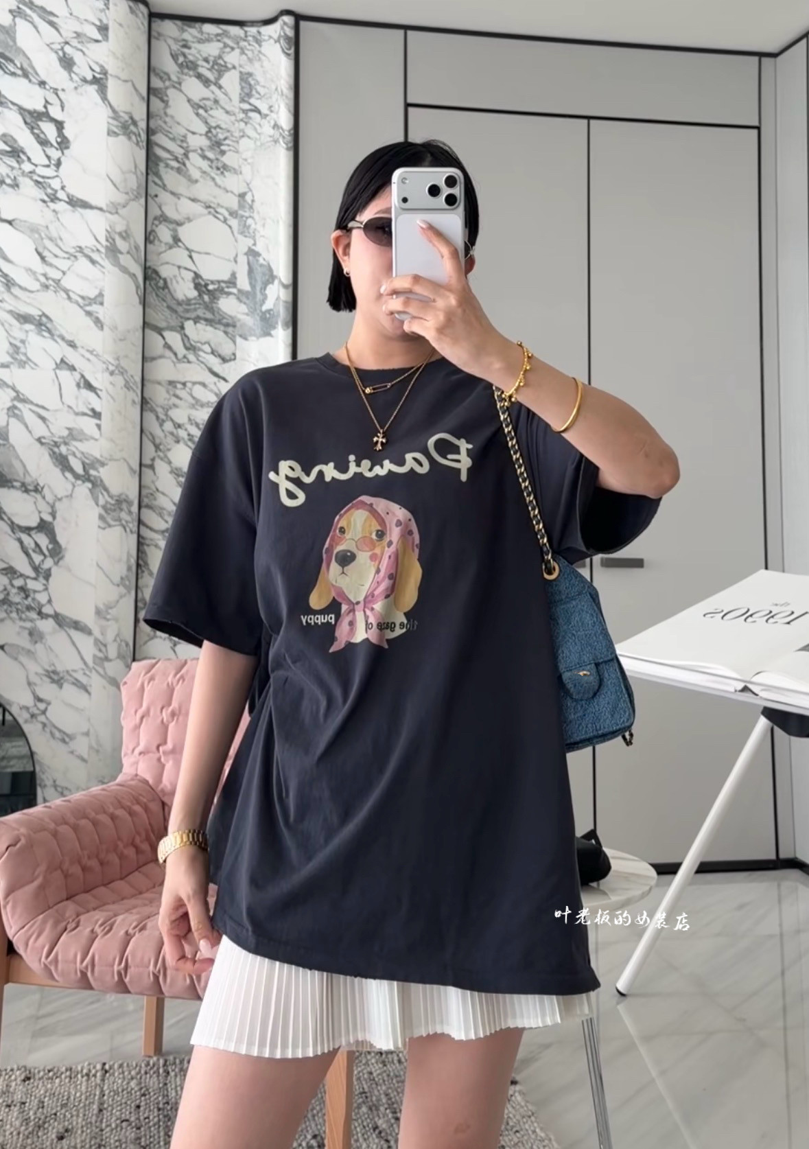 T0887卡通T恤 诗歌兰女装26年夏款百搭灰色中长款戴头巾狗狗短袖