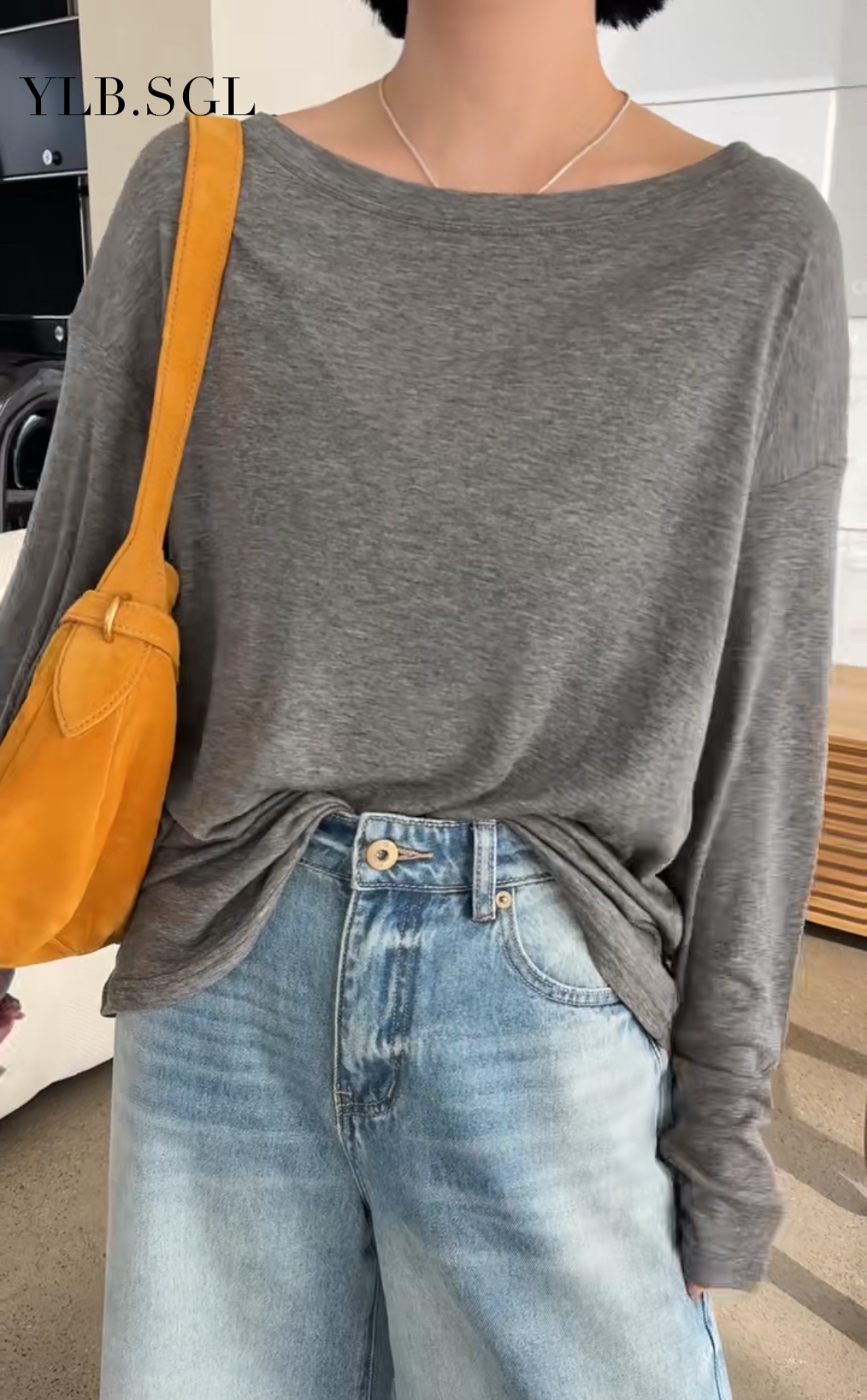2504-1诗歌兰女装2025夏款 时尚气质灰色薄款一字领长袖防晒T恤女