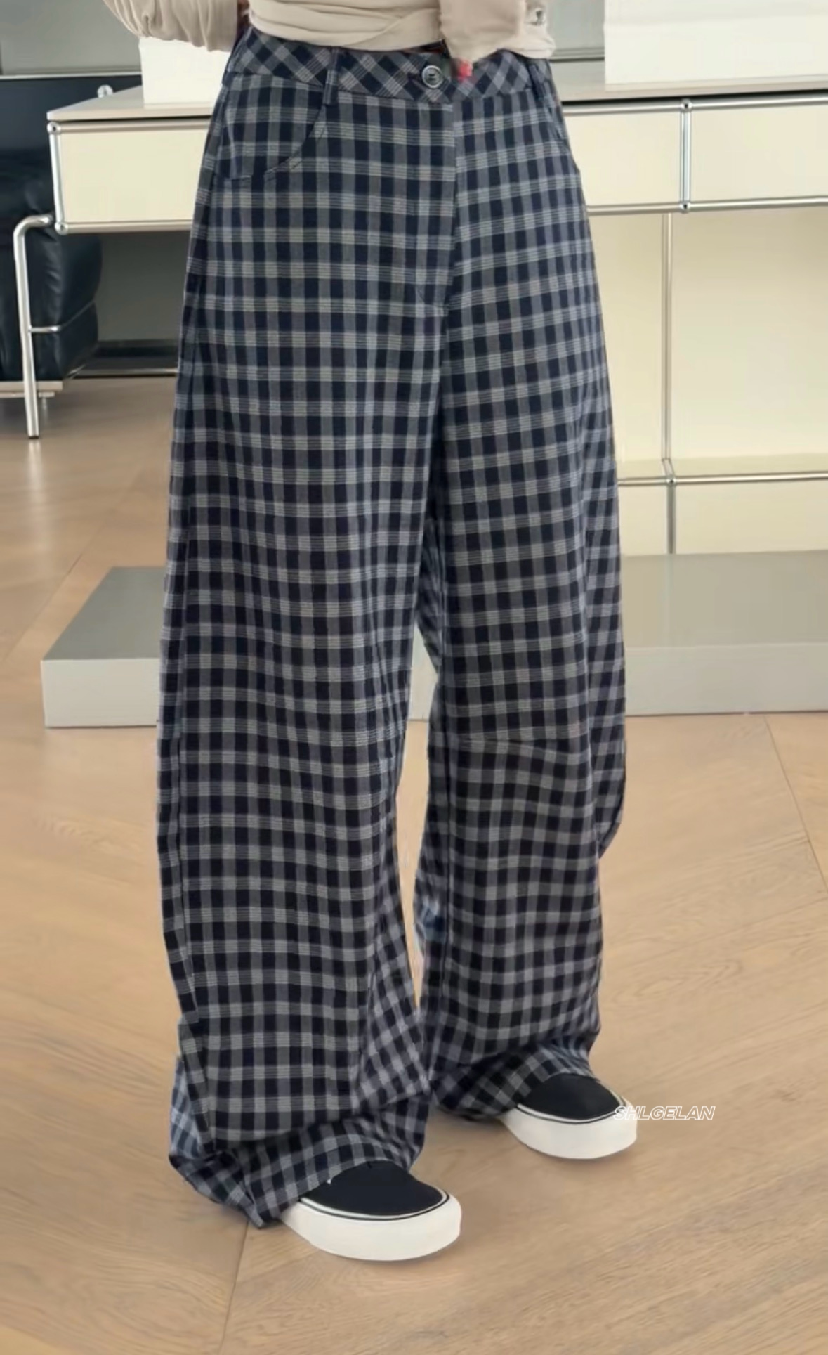 T29830休闲裤 诗歌兰欧货女装2026春款气质蓝色薄款弯刀裤格子裤