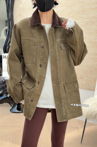 T26005拼色牛仔外套诗歌兰女装26秋款气质卡其绿中长款口袋外套女