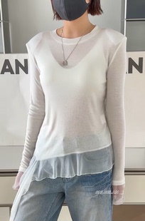 气质白色不规则网纱T恤女 2026春款 P6831打底长袖 诗歌兰欧货女装