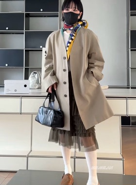 Z25029风衣 诗歌兰欧货女装2026春款气质卡其色V领休闲宽松外套女