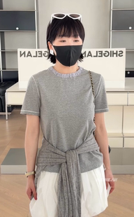 T3628明线短袖 诗歌兰欧货女装2026春款简约款灰色褶皱圆领T恤女