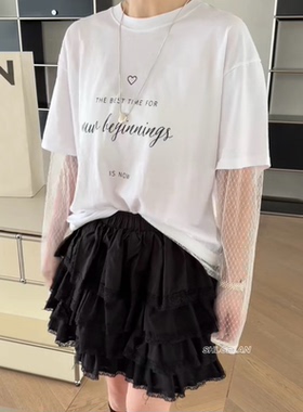 550801诗歌兰韩货女装2026春款 百搭简约款假两件蕾丝长袖字母T恤