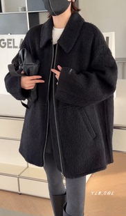 247172诗歌兰女装 气质洋气黑色翻领拉链双面羊绒外套女 2025冬款