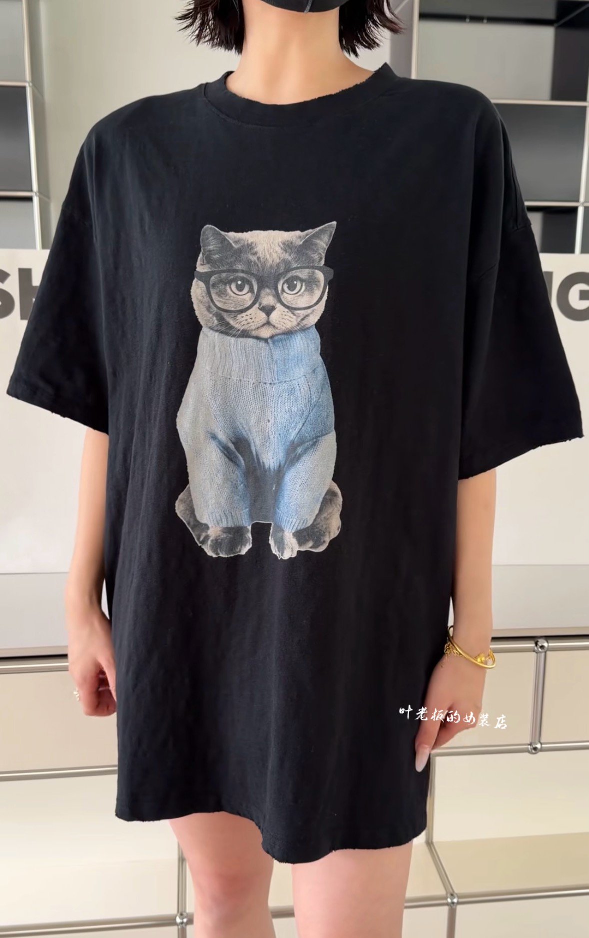 T1863猫咪短袖 诗歌兰女装2026夏款白色圆领短袖中长款卡通T恤女