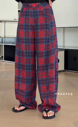 现货P9286轻薄格子裤2026夏诗歌兰女装气质红蓝格子裤亚麻休闲裤