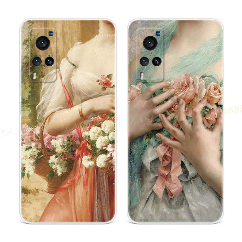 鲜花少女油画适用于vivo x60手机壳x50x27pro文艺nex3甜美女款软+