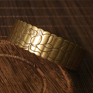 SeeU古玩铜器批发藏式佛家大悲咒手镯古黄铜做旧款荷花真经手环