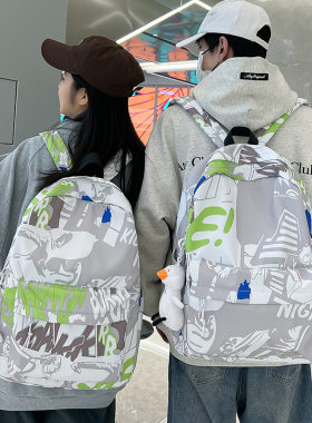 正版巴朗涂鸦印花双肩包女2024夏韩版潮流休闲背包男高中大学生