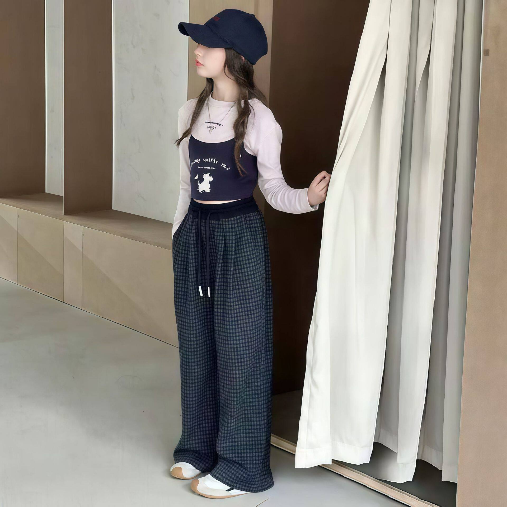 【栗子家】女童秋款方格阔腿裤儿童外穿格格打底裤子弯刀裤宝宝