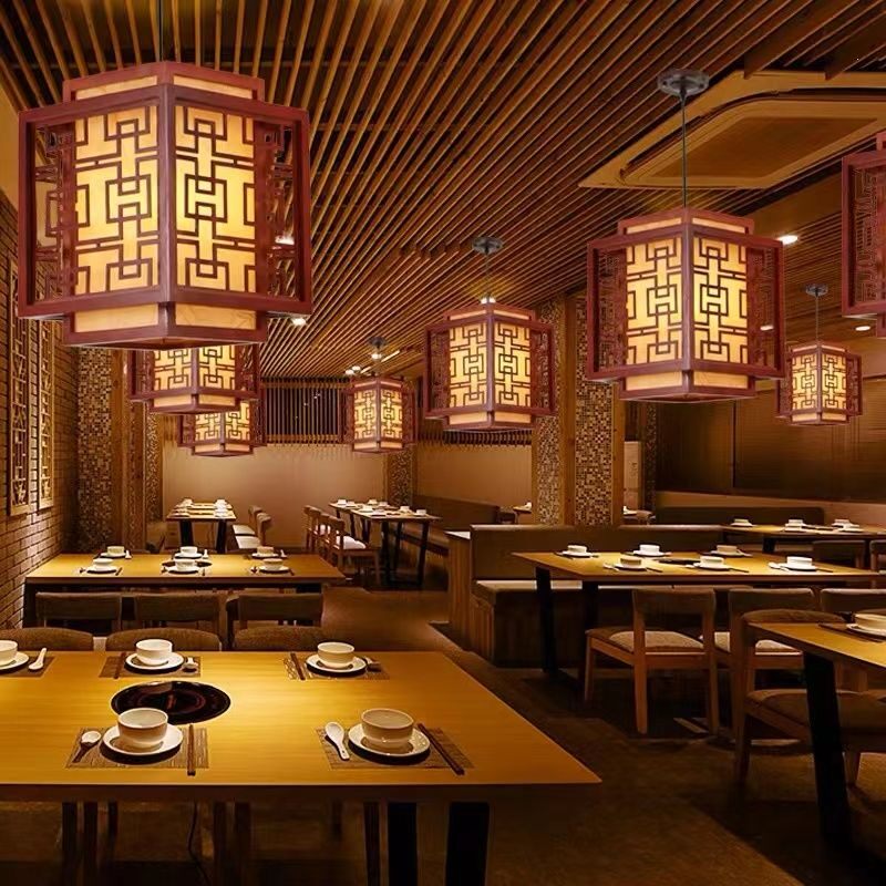 中式吊灯木艺仿古羊皮灯餐厅客厅茶楼卧室复古灯具镂空雕刻可定制