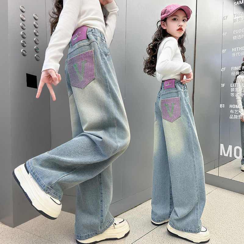 女童牛仔裤春秋中大童秋款时髦洋气阔腿裤秋季韩版百搭儿童长裤子