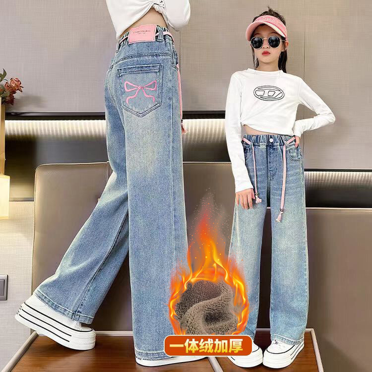 女童加绒牛仔裤加厚一体绒冬季外穿洋气儿童保暖宽松女童加绒裤子