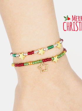 THISNESS 圣诞特辑 纯银镀金星星红绿珠珠手链组合
