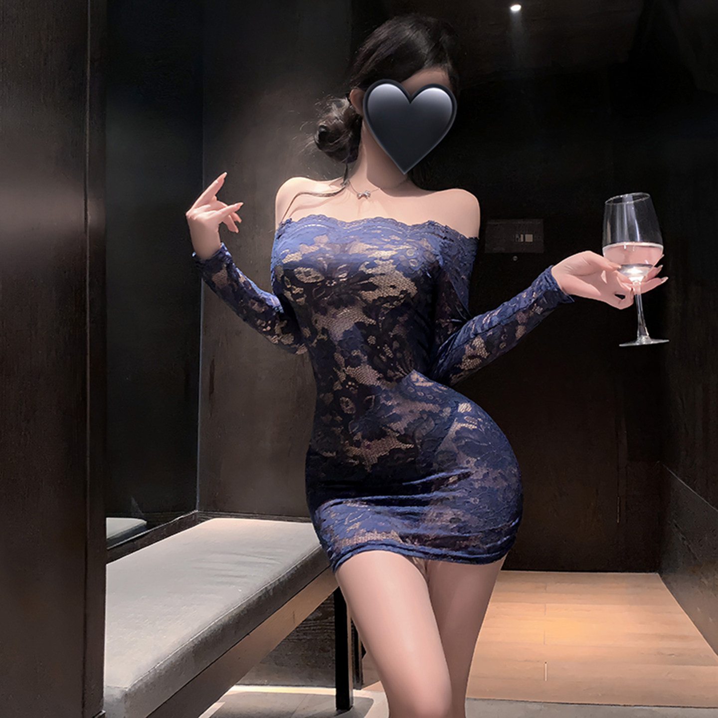 全蕾丝透视一字肩长袖包臀裙夜场睡裙