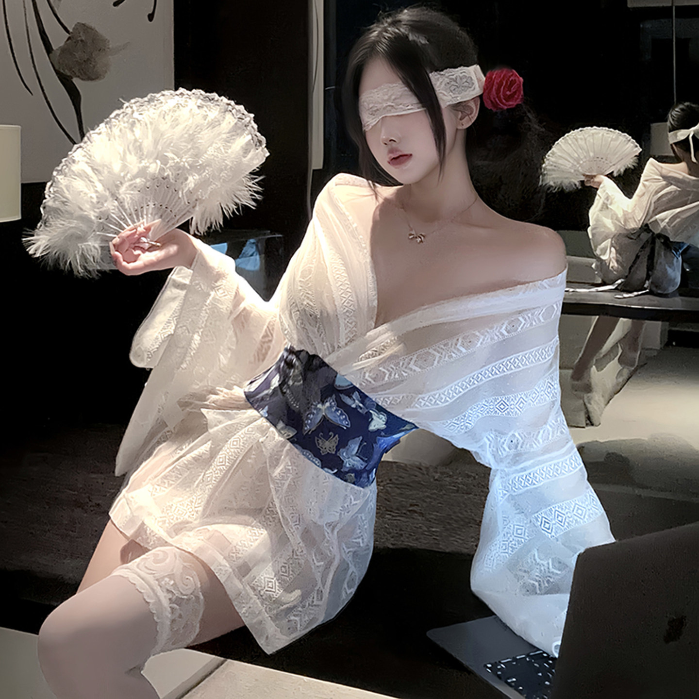 日系极道千金透明浴袍女V领宽松睡袍/浴袍