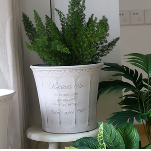 复古做旧白树脂圆形花盆园艺多肉盆栽简约浮雕园艺花器圆形花桶