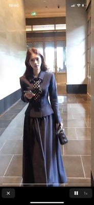 秋季套装连衣裙170高个子女生加长版藏青色优雅时尚半身裙两件套