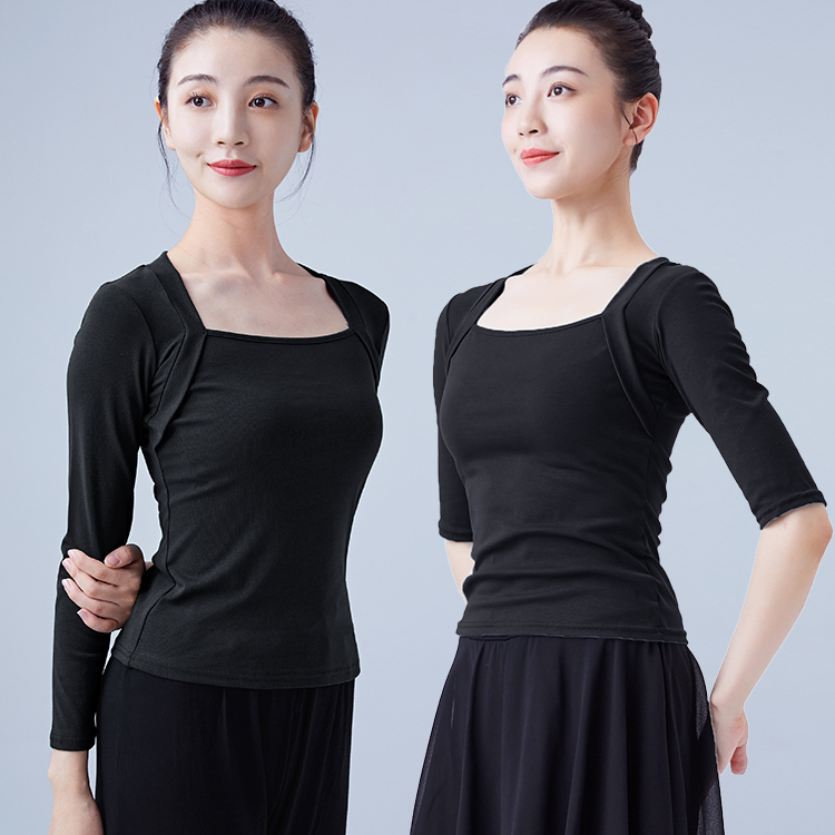 舞蹈服成人女显瘦方领上衣中长袖芭蕾中国舞现代舞形体练功服黑色