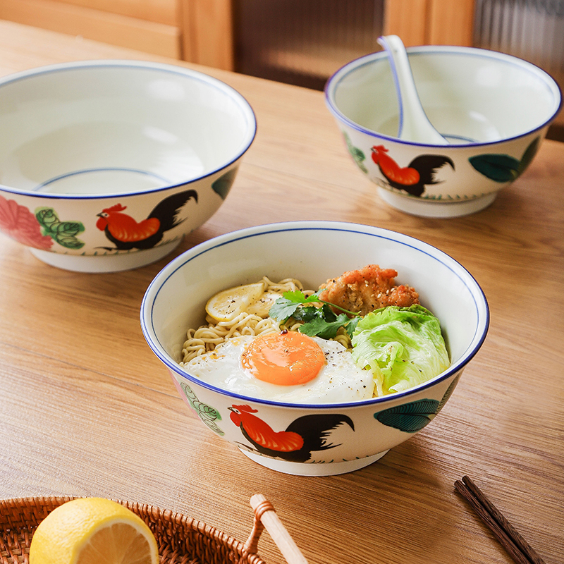 老式鸡公陶瓷泡面碗拉面碗家用大汤盆碗筷套装公鸡面条碗个人专用