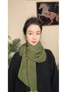 【芥末绿纯色】70*170棉麻压皱秋冬新款保暖围巾气质百搭时尚披肩