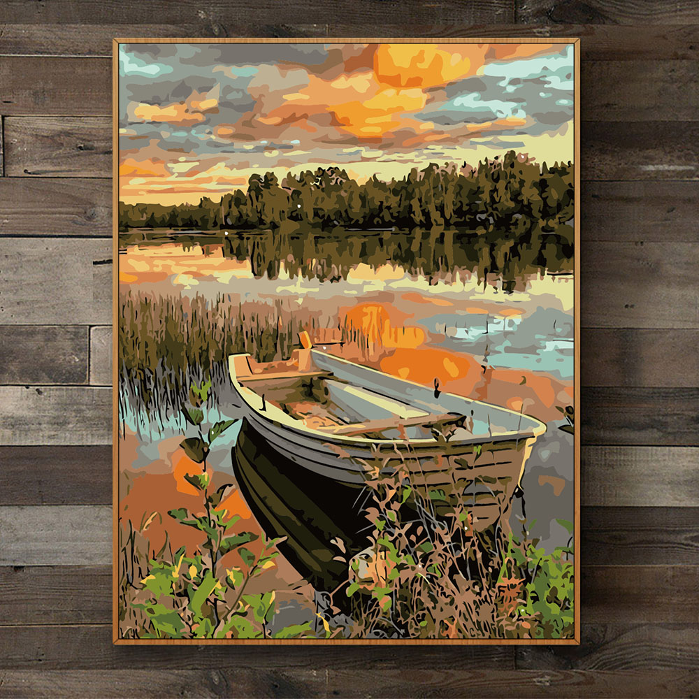 手工diy数字填充油画海上夕阳风景复古乡村岸边停泊小船油彩画