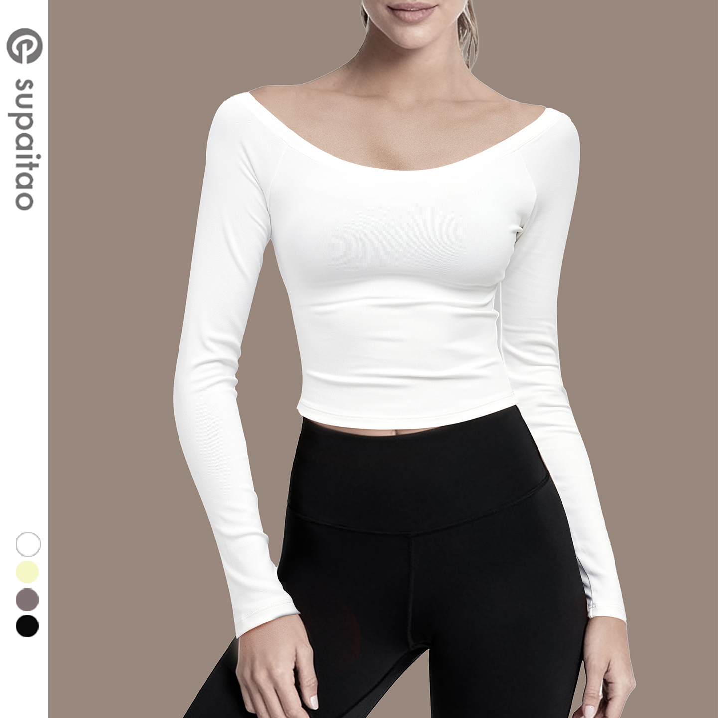 苏派淘长袖瑜伽服上衣露肩一字肩健身衣螺纹速干紧身衣普拉提女秋