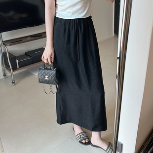 醋酸开叉半身裙女2025夏韩系松紧腰抽绳中长款显瘦垂感百褶一步裙