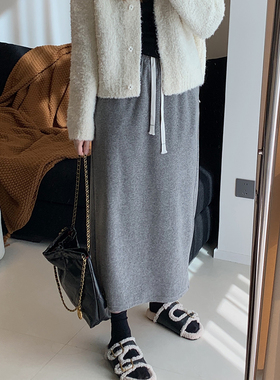 灰色半身裙女2023秋冬毛巾感后开叉针织裙高腰显瘦直筒中长款裙子