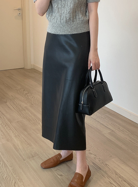 简约风高腰半身裙女秋冬设计感小众后开叉一步裙黑色中长裙PU皮裙