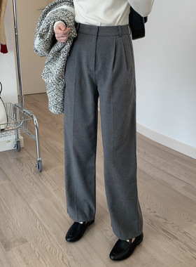 高级灰色阔腿裤春秋新款斜纹TR高腰显瘦宽松垂感直筒拖地西装女裤