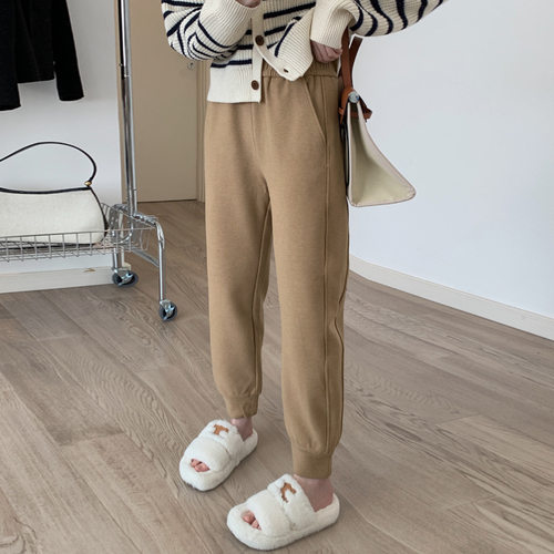 仿毛呢休闲高腰束脚九分运动裤