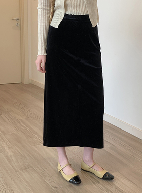 法式复古黑色高腰丝绒半身裙女秋冬新款小个子显瘦开叉直筒一步裙