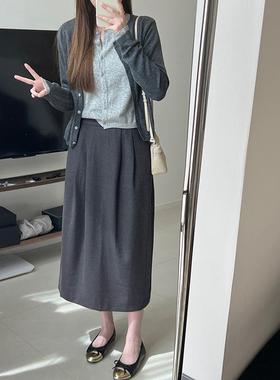 茧型灰色西装半身裙2024秋冬高级感气质后开叉打褶休闲直筒中长裙