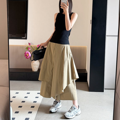 卡其色不规则设计感休闲裤裙裤女2026年新款显瘦高腰阔腿裤子垂坠