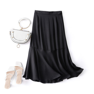 夏季百搭垂感小黑裙真丝显瘦双乔缎鱼尾裙桑蚕丝包臀半身裙中长裙